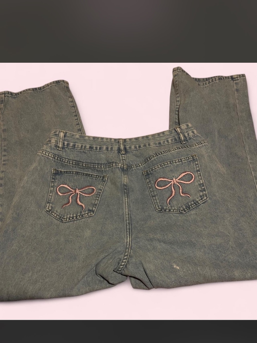 SHEIN Olive Green High-Rise Jeans with Pink Bow Embroidery
